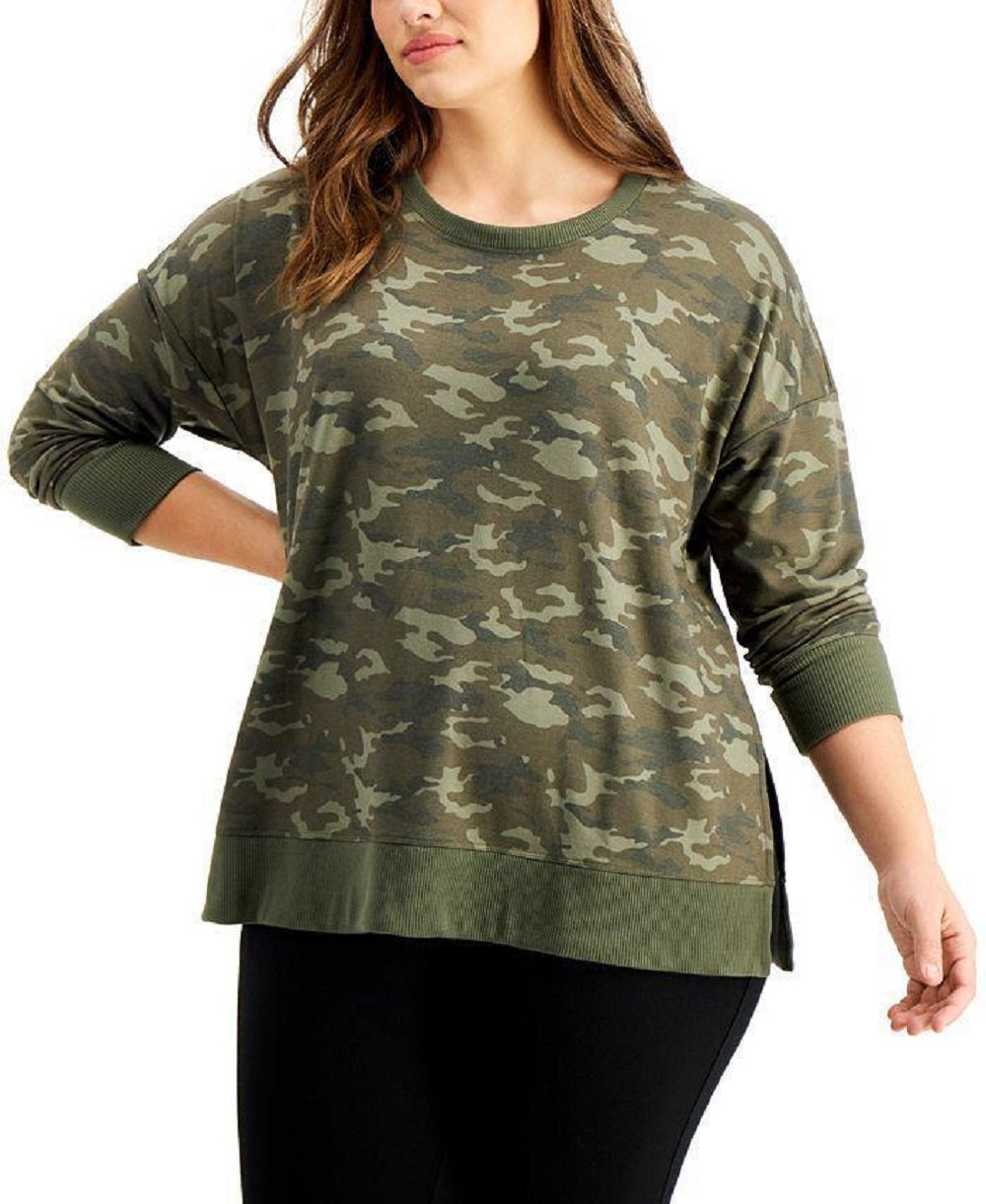 Ideology Women's Vintage Emerald Camo Plus Camo Print Sweatshirt Green Size 3X