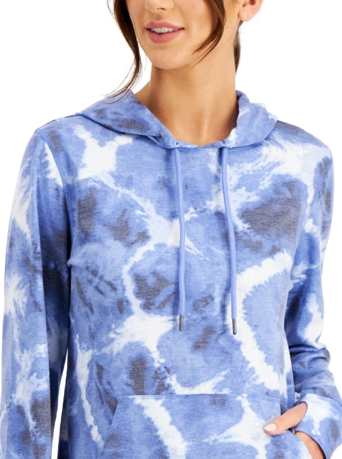 Ideology Women's Pocketed Drawstring Thumbhole Cuffs Printed Long Sleeve Hoodie Top Blue Size X-Small