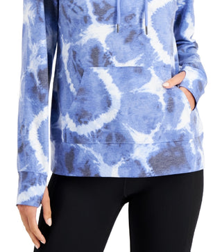 Ideology Women's Pocketed Drawstring Thumbhole Cuffs Printed Long Sleeve Hoodie Top Blue Size X-Small