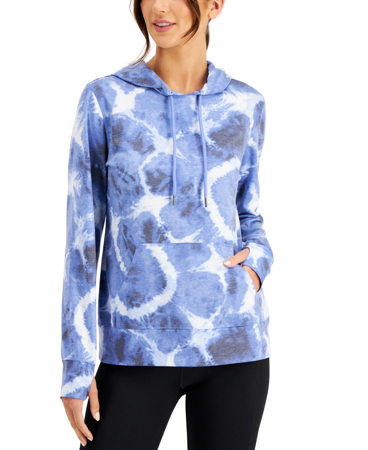 Ideology Women's Pocketed Drawstring Thumbhole Cuffs Printed Long Sleeve Hoodie Top Blue Size X-Small