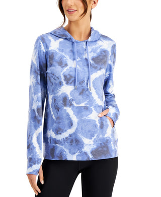Ideology Women's Pocketed Drawstring Thumbhole Cuffs Printed Long Sleeve Hoodie Top Blue Size X-Small