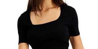 Bar III Women's Square Neck Ribbed Top Black Size Large