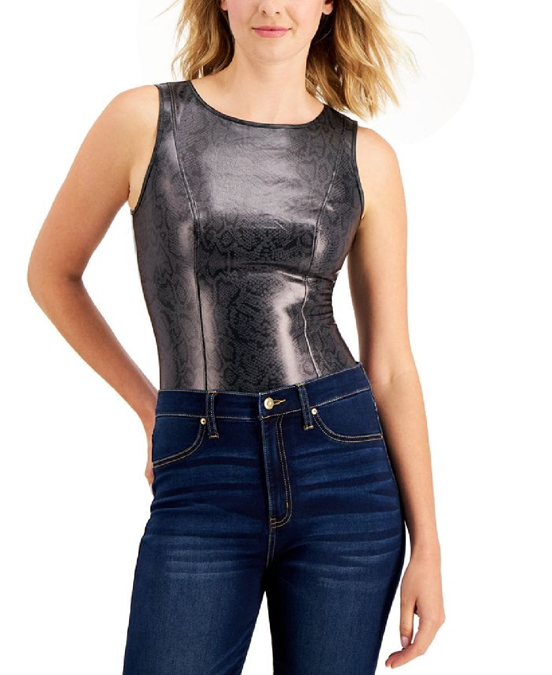 INC International Concepts Women's Faux Leather Snake Print Bodysuit Black Size X-Large