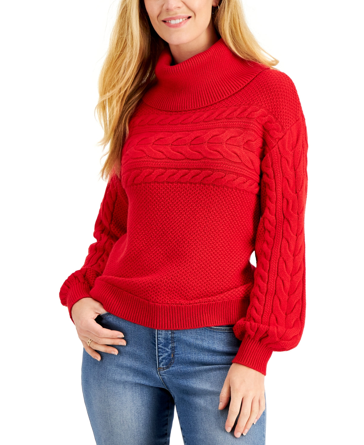 Charter Club Women's Mixed Knit Cowlneck Sweater Red Size Small