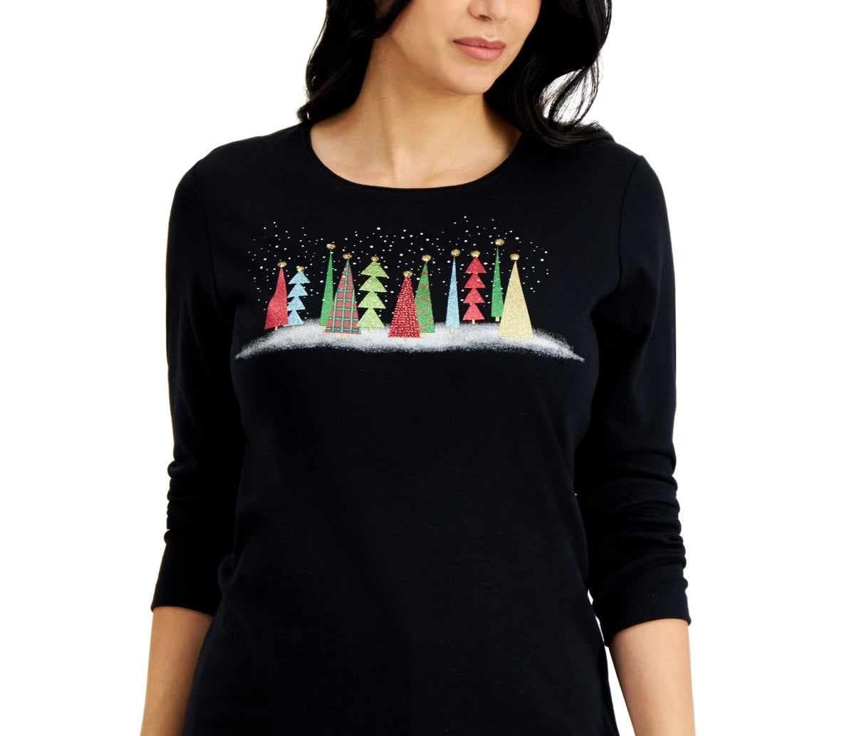 Karen Scott Women's Holiday Graphic Print Top Black Size Petite Large