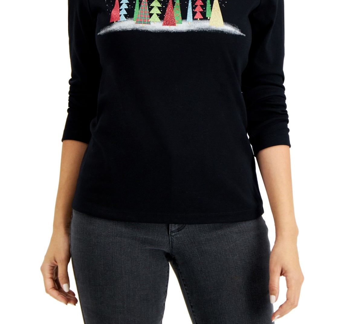 Karen Scott Women's Holiday Graphic Print Top Black Size Petite Large
