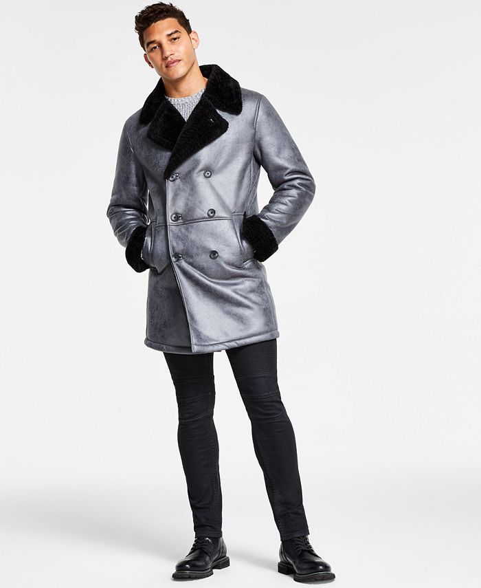 INC International Concepts Men's Faux Fur Trim Faux Leather Coat Gray Size Small