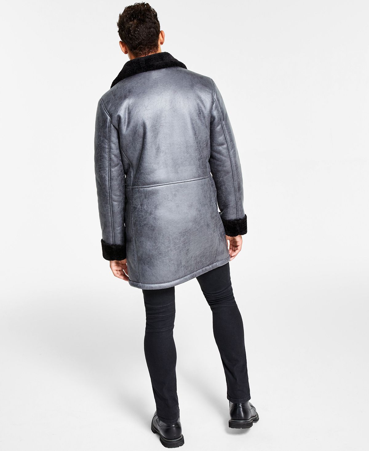 INC International Concepts Men's Faux Fur Trim Faux Leather Coat Gray Size Small
