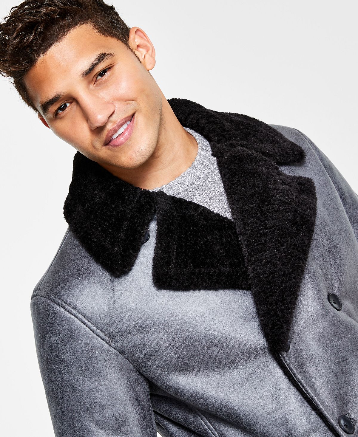 INC International Concepts Men's Faux Fur Trim Faux Leather Coat Gray Size Small