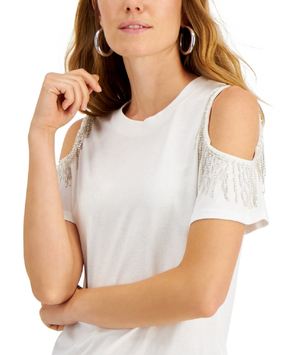 INC International Concepts Women's Rhinestone Fringe Top White Size Medium