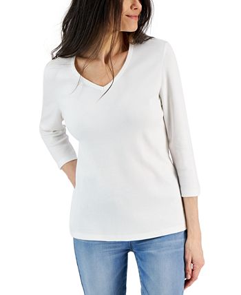 Karen Scott Women's V Neck 3/4 Sleeve Top White Size X-Large