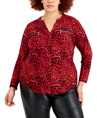 INC International Concepts Womens Zip Pocket Animal Print Shirt Red Size 2X