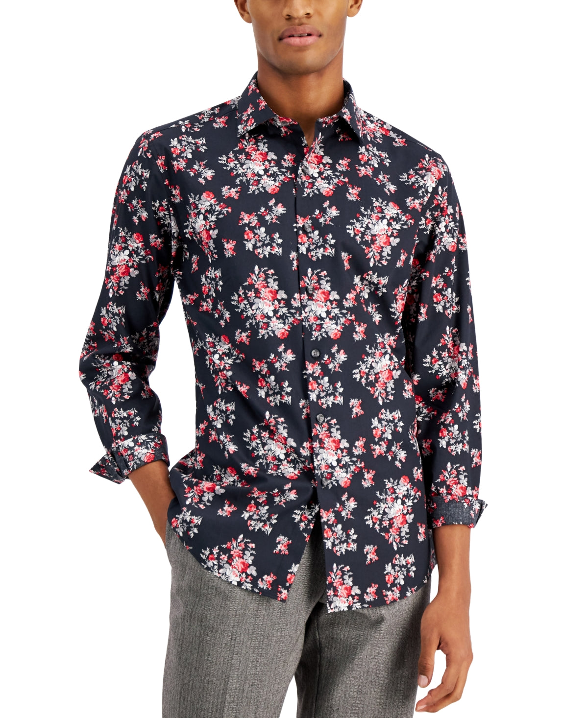Bar III Men's Slim Fit Performance Stretch Floral Print Dress Shirt Red Size Small