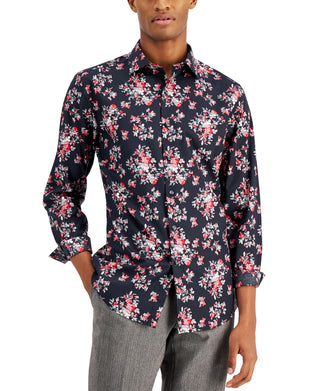 Bar III Men's Slim Fit Performance Stretch Floral Print Dress Shirt Red Size Small