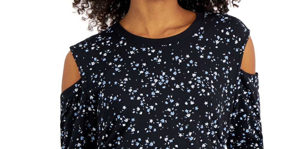 INC International Concepts Women's Printed Cold Shoulder Sweater Black Size XL