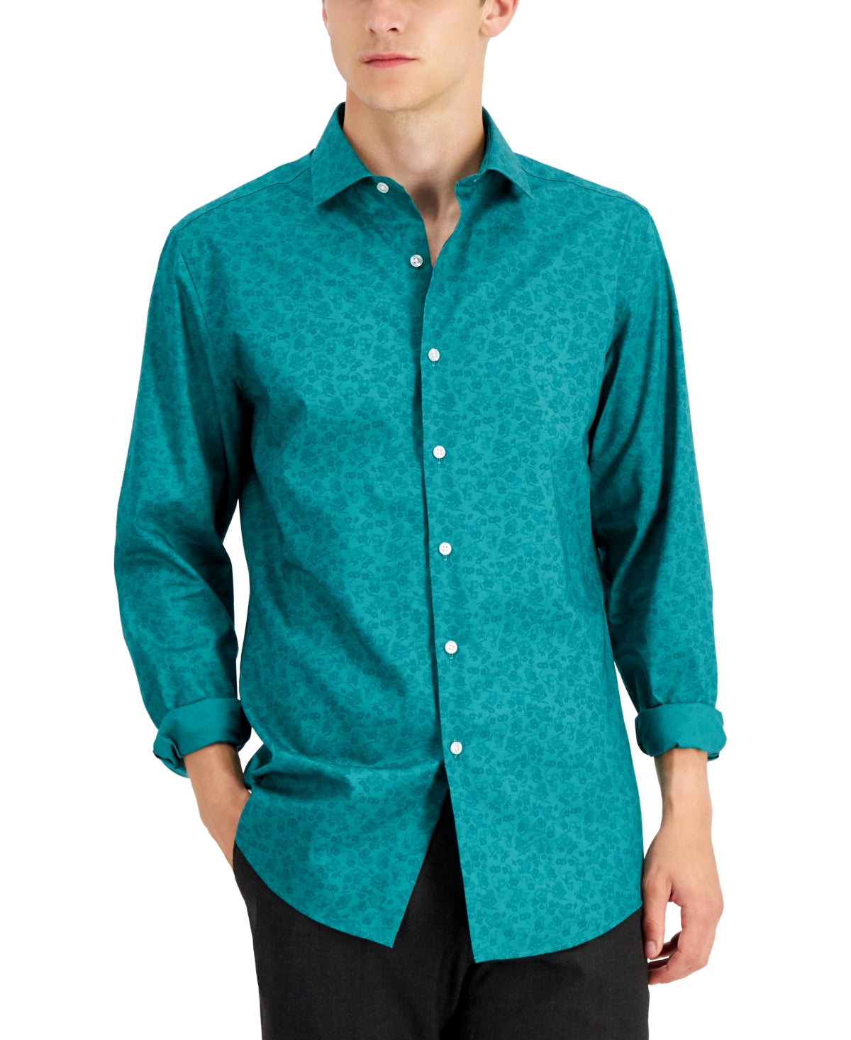 Bar III Men's Slim Flit Floral Stretch Dress Shirt Green Size Small