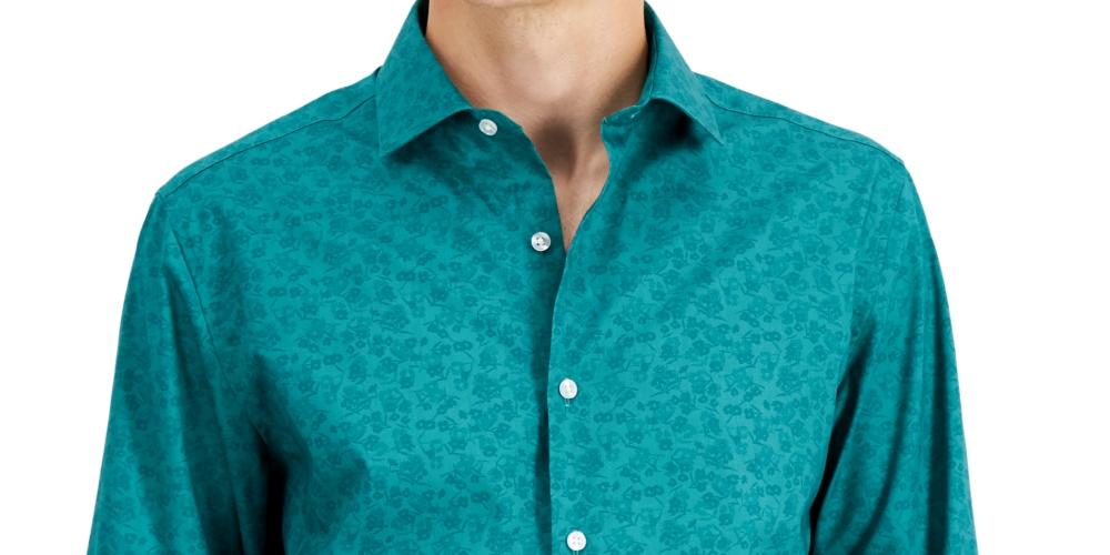 Bar III Men's Slim Flit Floral Stretch Dress Shirt Green Size Small