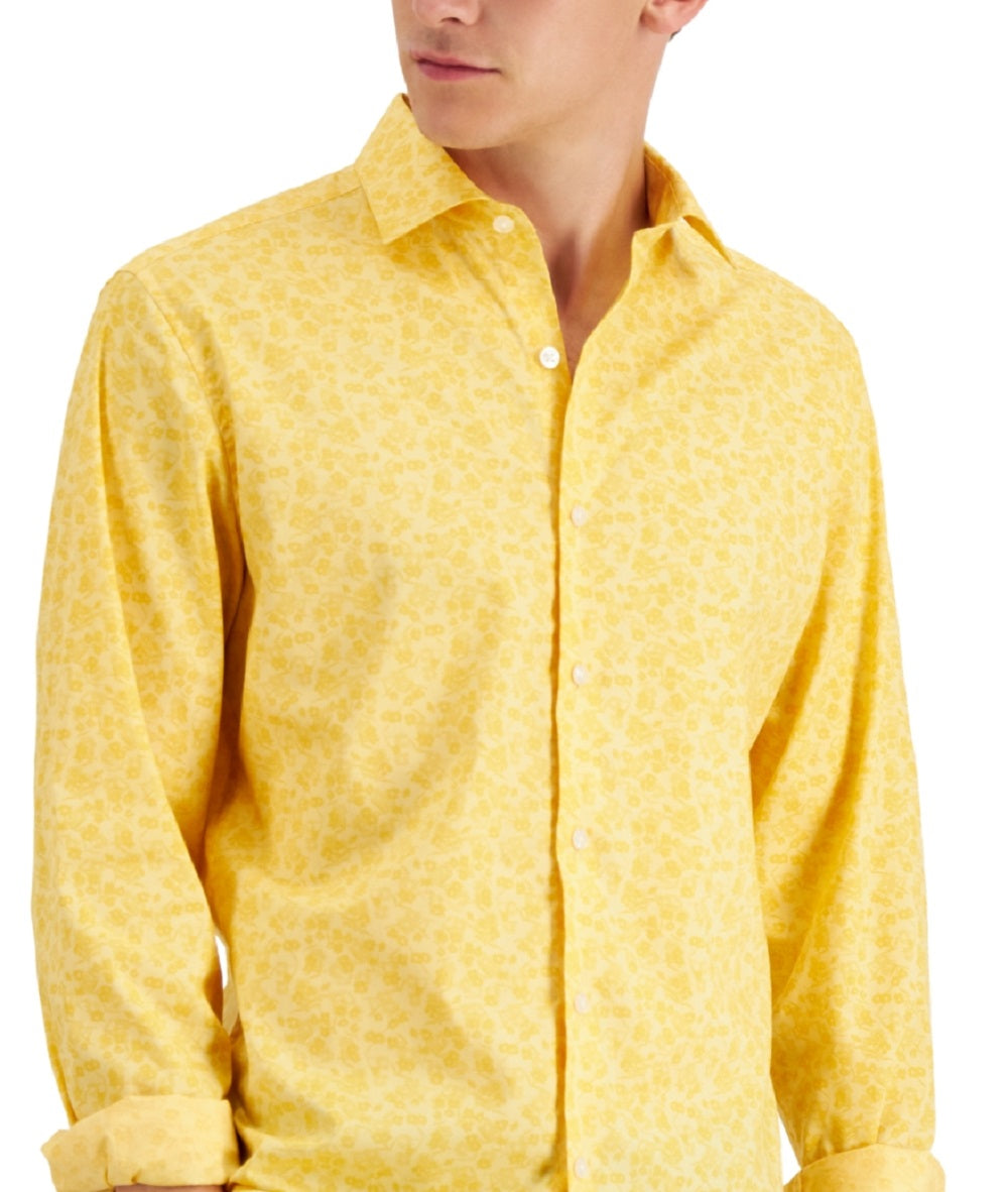 Bar III Men's Slim Flit Floral Stretch Dress Shirt Yellow Size Medium