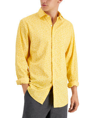 Bar III Men's Slim Flit Floral Stretch Dress Shirt Yellow Size Medium