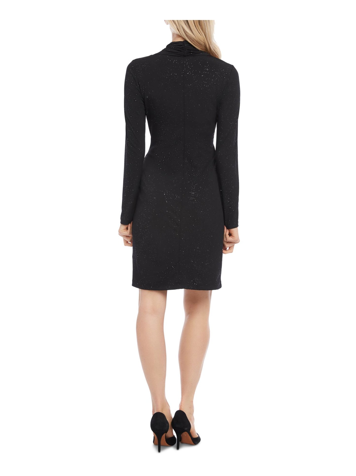 Karen Kane Women's Glitter Long Sleeve Queen Anne Neckline Above The Knee Sheath Evening Dress Black Size X-Small