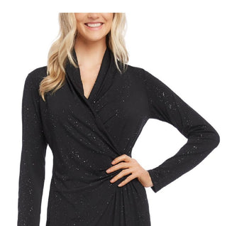Karen Kane Women's Glitter Long Sleeve Queen Anne Neckline Above The Knee Sheath Evening Dress Black Size X-Small