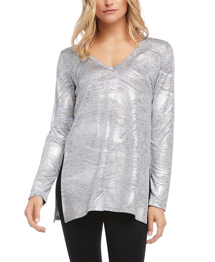 Karen Kane Women's Heather Long Sleeve V Neck Top Silver Size Small