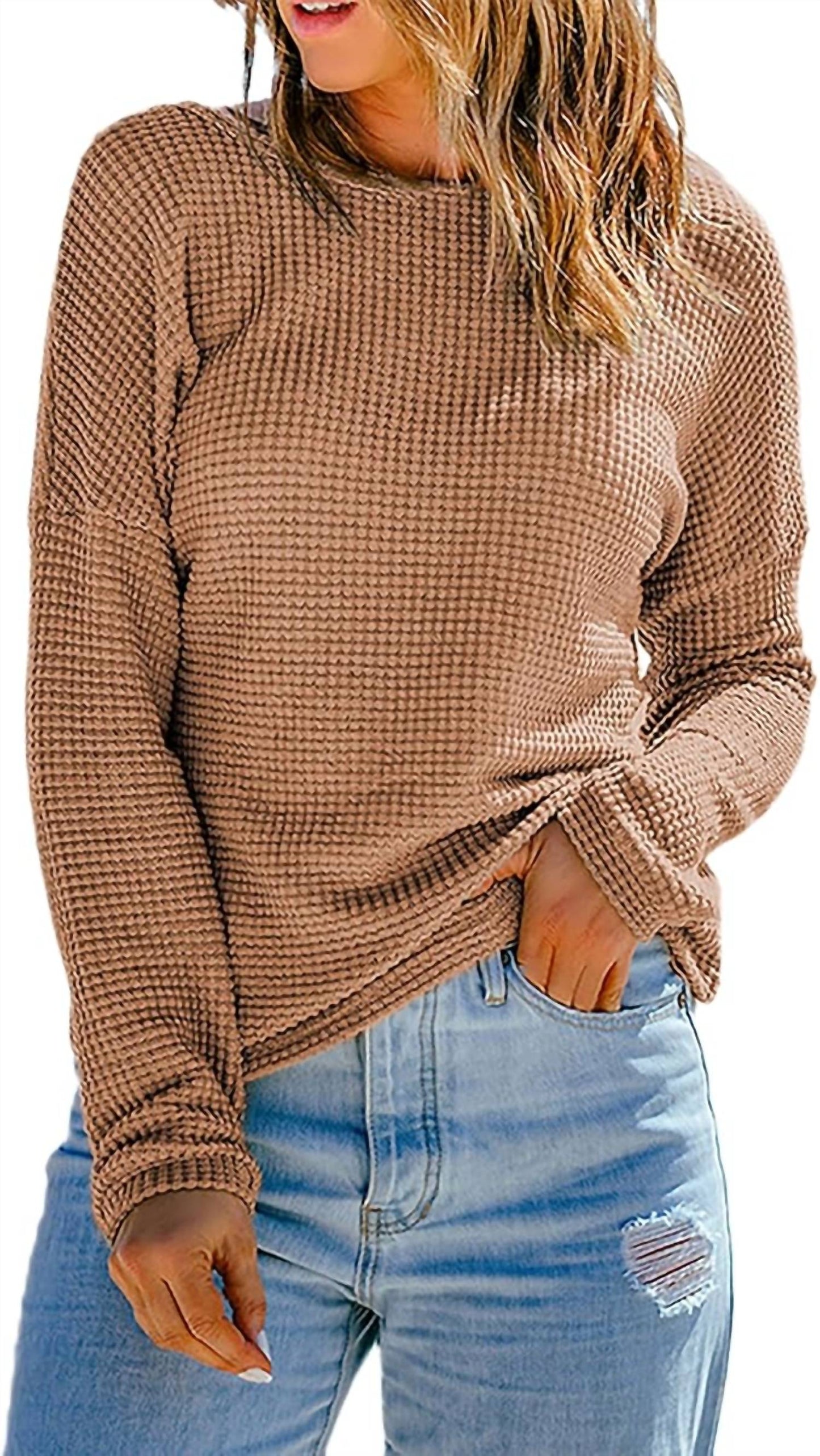 1 The Woman - Waffle Knit Drop Shoulder Long Sleeve Top