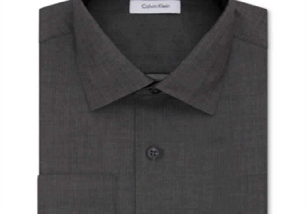 Calvin Klein Steel Men's Classic-Fit Non-Iron Performance Herringbone Spread Collar Dress Shirt Gray Size 18 36-37