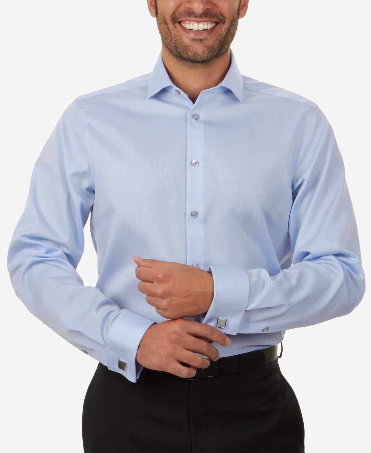 Calvin Klein Men's Slim Fit Non Iron Performance Herringbone French Cuff Dress Shirt Blue Size 34X35