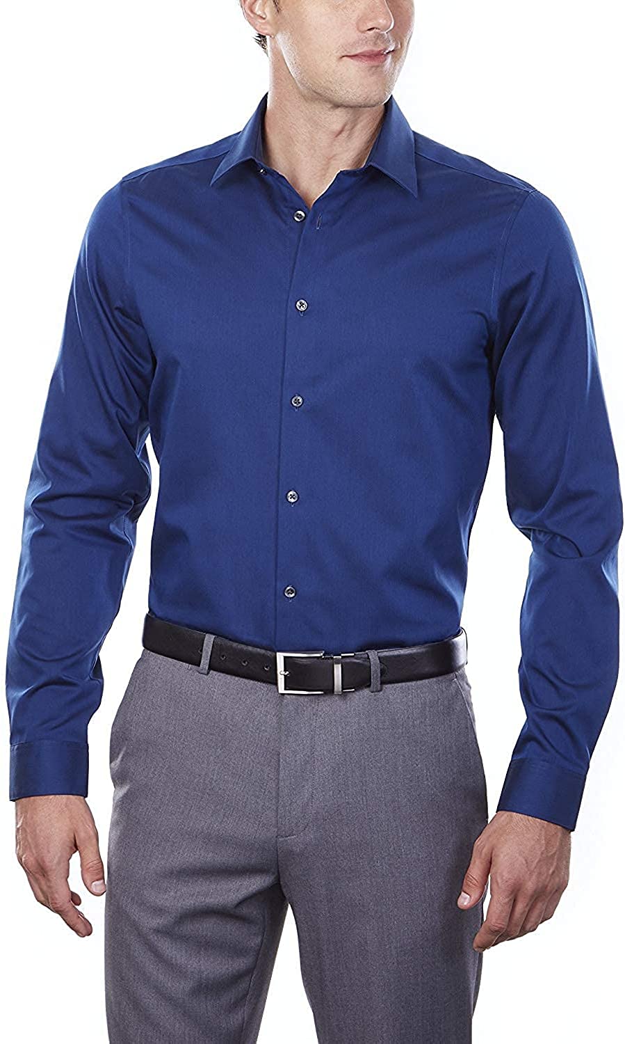 Calvin Klein Men's Slim Fit Non Iron Performance Herringbone Point Collar Dress Shirt Blue Size 16.5X34-35