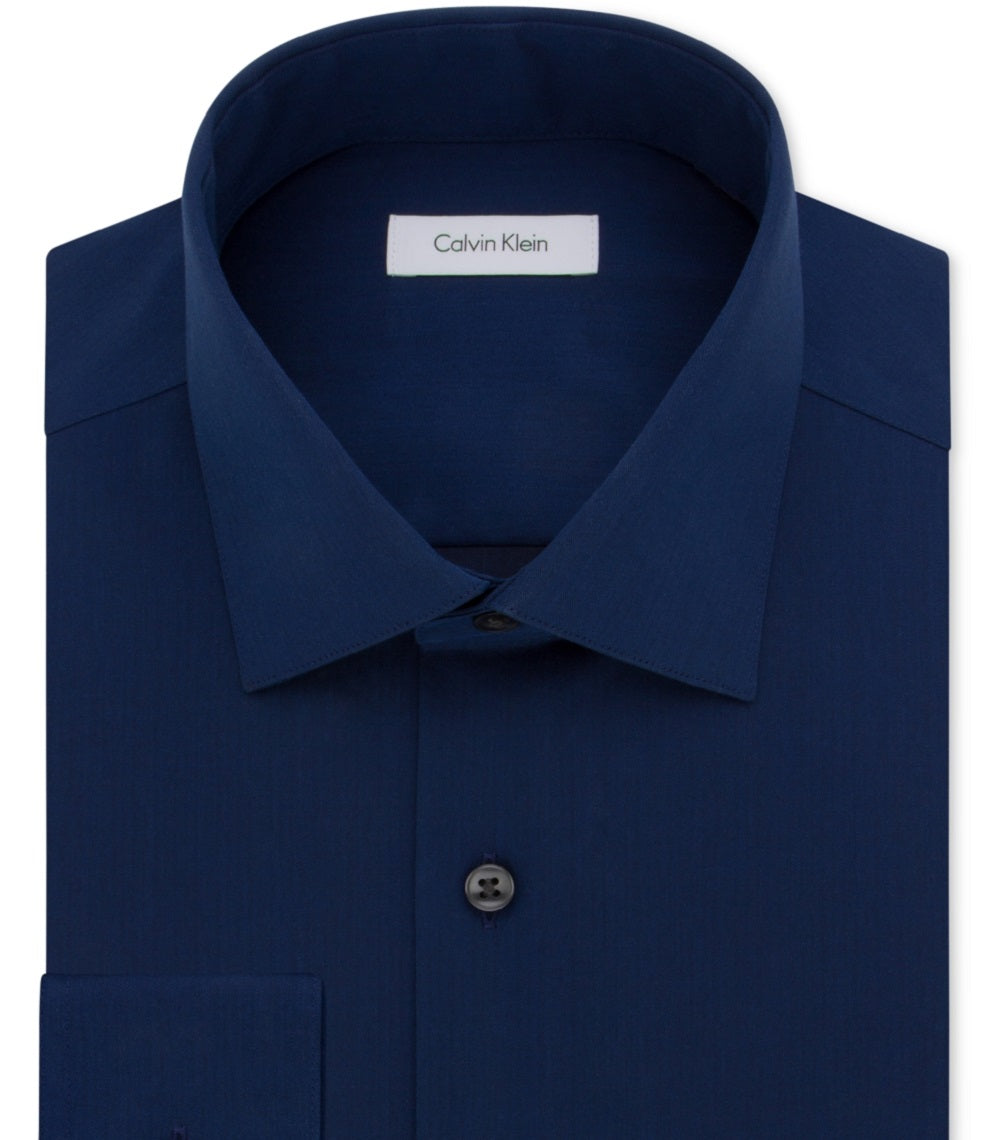 Calvin Klein Men's Classic Fit Non Iron Herringbone Spread Collar Dress Shirt Blue Size 16.5X34X35