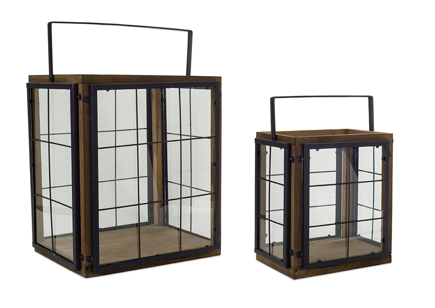 Modern wood box lantern with metal panes (set of 2)