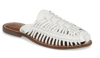 Sam Edelman Women's Comfort Cushioned Woven Keelyn Round Toe Block Heel Slip on Leather Mules White Size 6.5