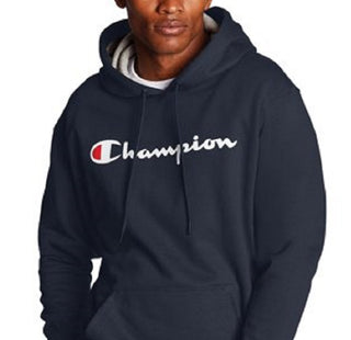 Champion Men's Script Logo Powerblend Hoodie Blue Size Medium