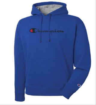 Champion Men's Script Logo Powerblend Hoodie Blue Size Small
