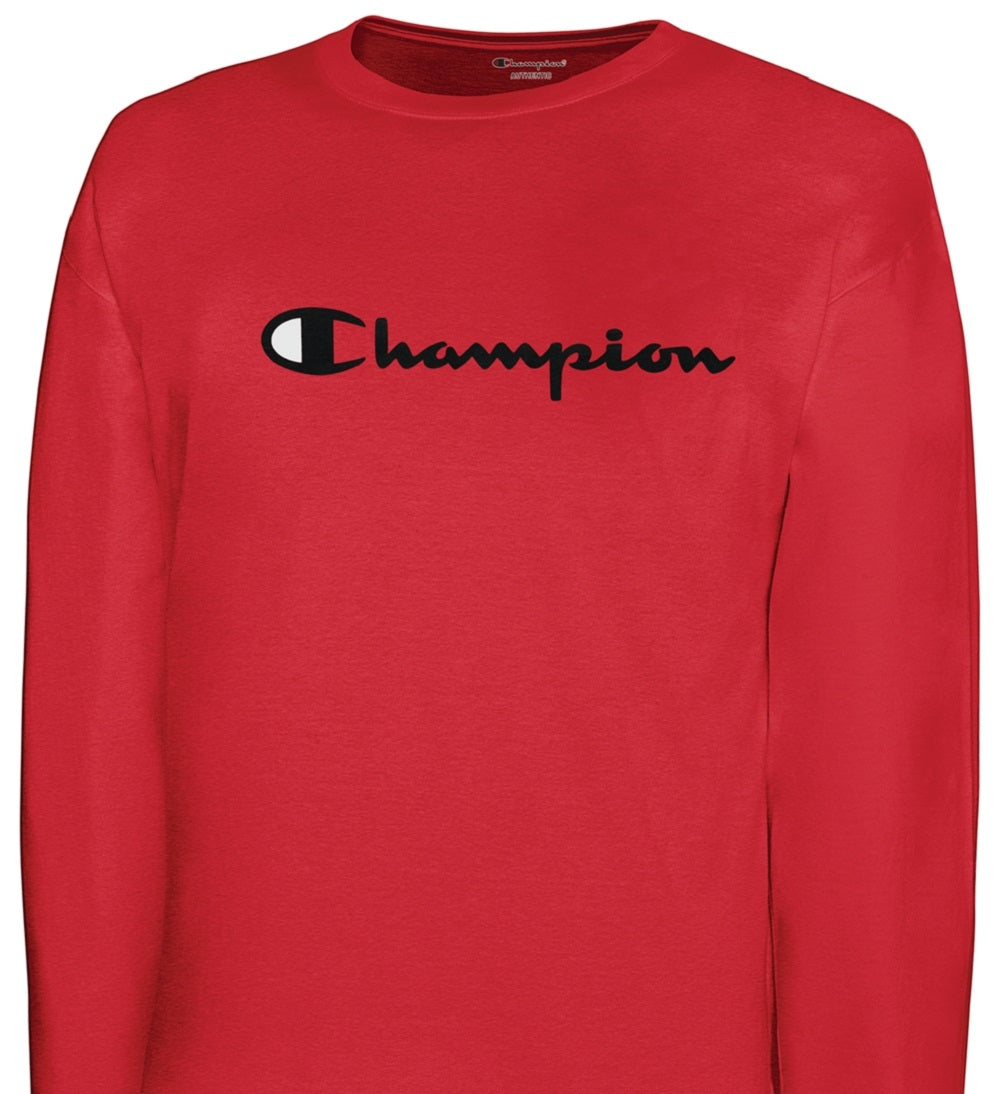 Champion Men's Script Logo Long Sleeve T-Shirt Red Size Medium
