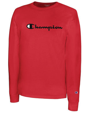 Champion Men's Script Logo Long Sleeve T-Shirt Red Size Medium