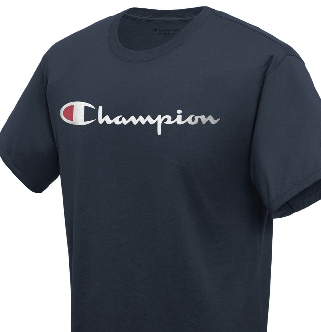 Champion Men's Script Logo T-Shirt Blue Size XX-Large