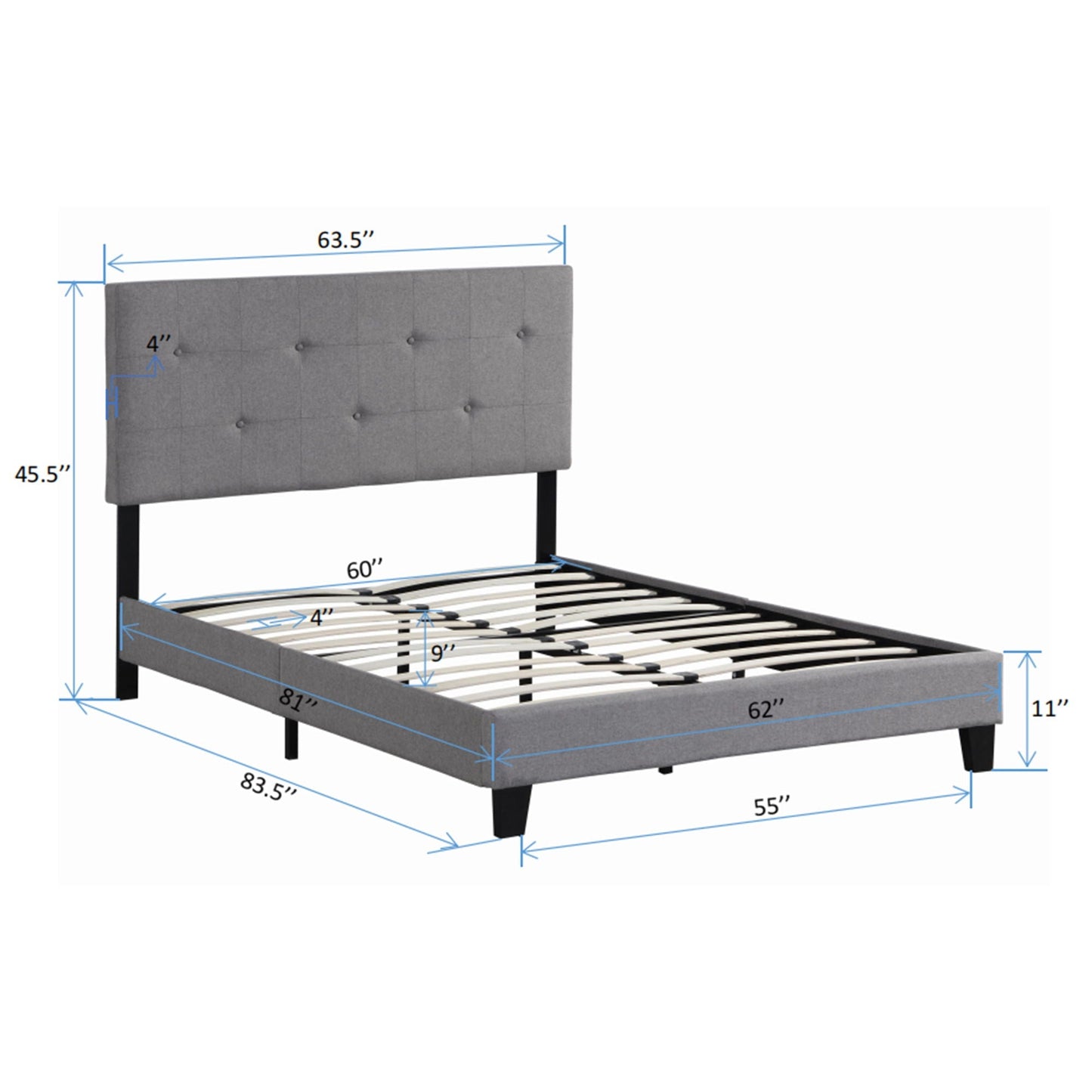Queen Size Upholstered Platform Bed Frame With Button Tufted Linen Headboard