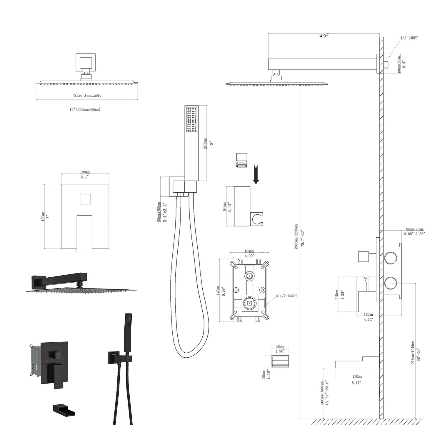10" Wall Mounted Square Shower System With Rough In Valve