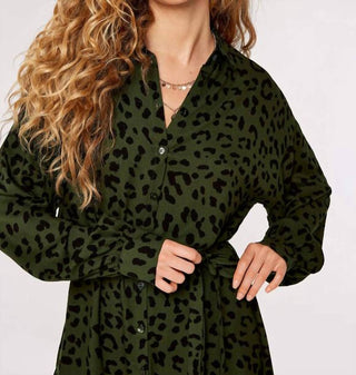 Apricot - Leopard Ruffle Hem Belted Waist Shirt Dress