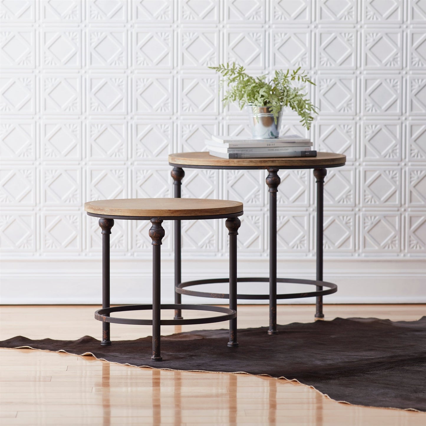 Natural wood and metal round table (set of 2)