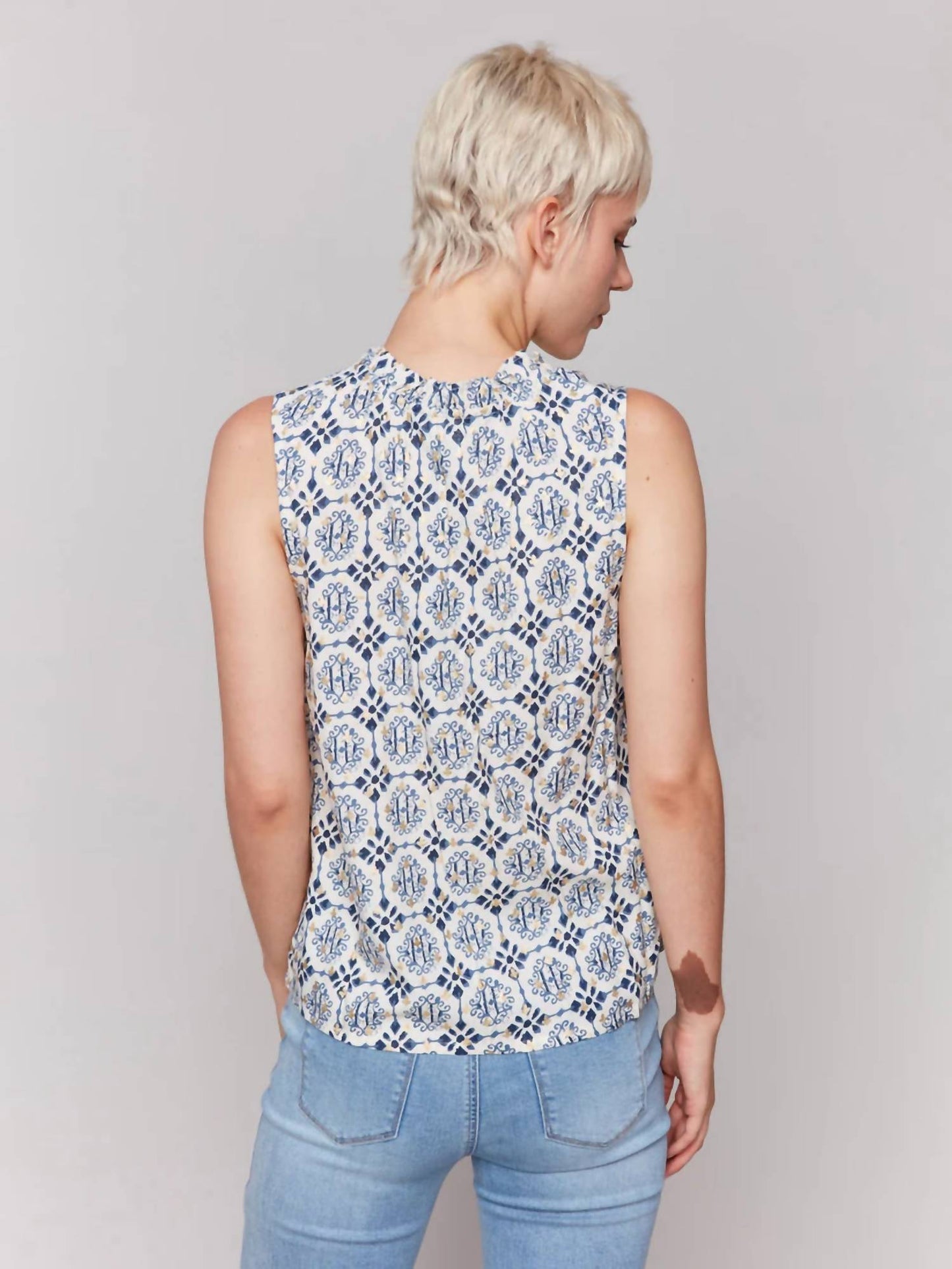 Charlie B - Ruffle Collar Geometric Pattern Blouse