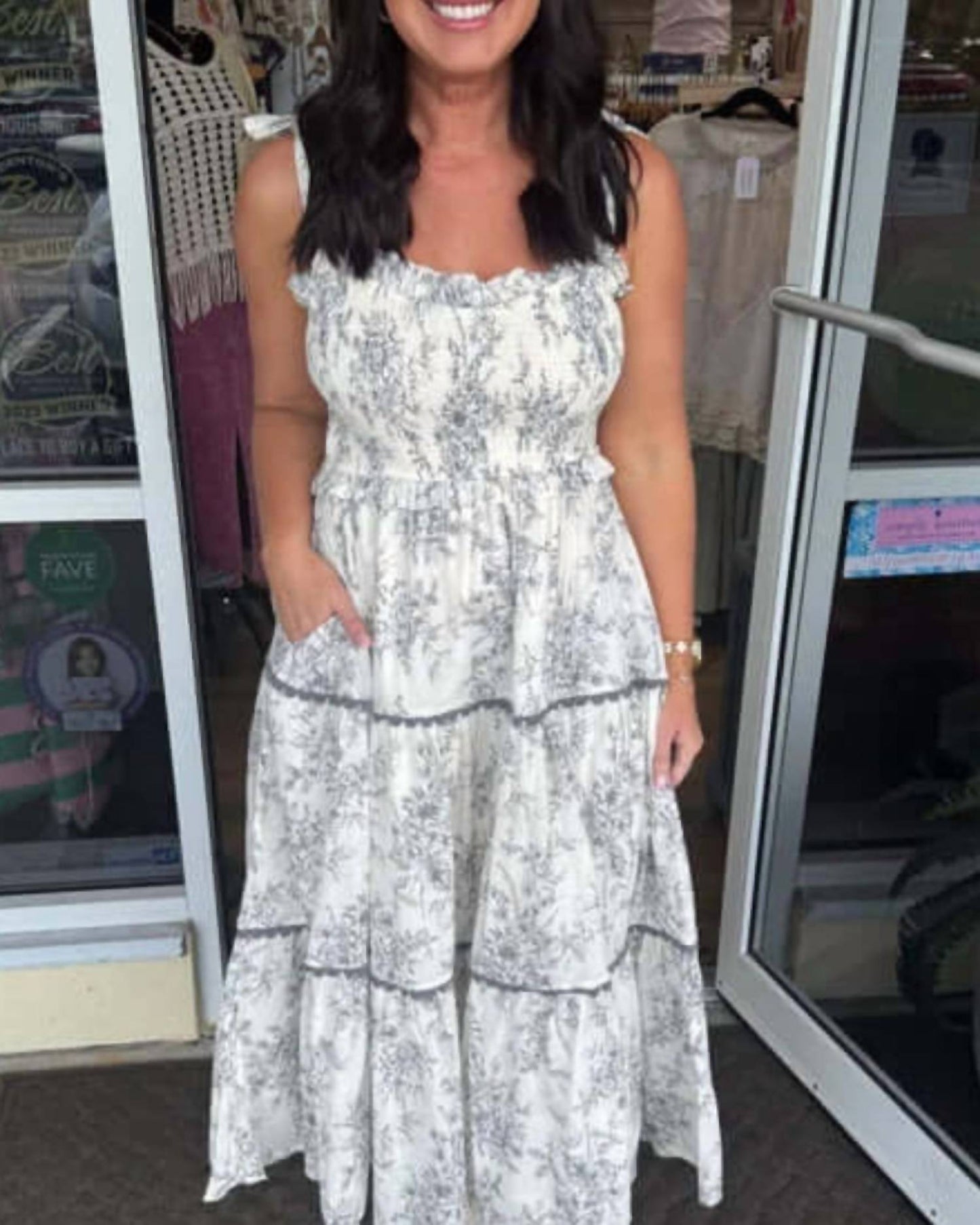 &Merci - Charcoal Toile Tie Shoulder Midi Dress