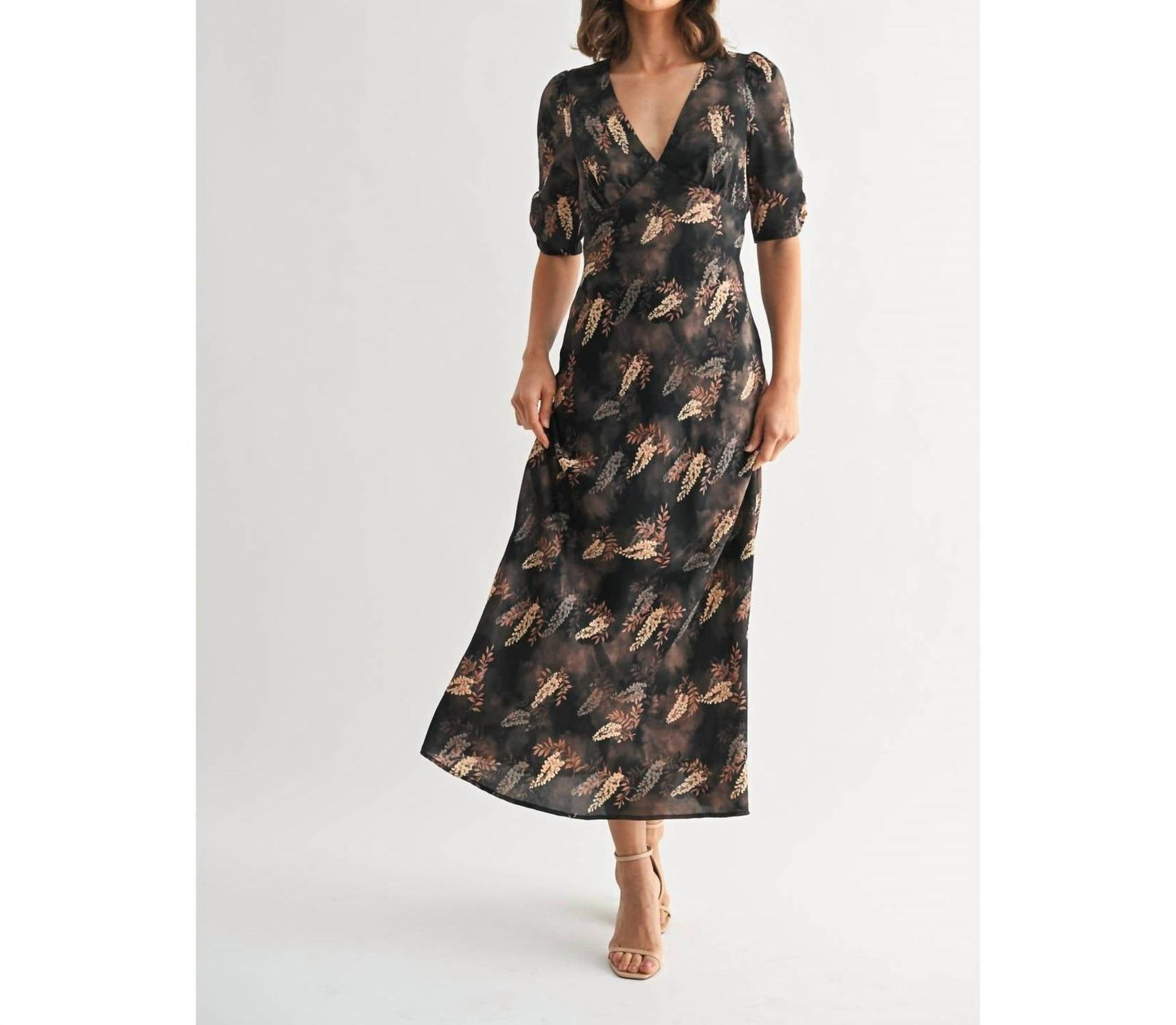 Fun 2 Fun - Leaf Print Satin Midi Dress