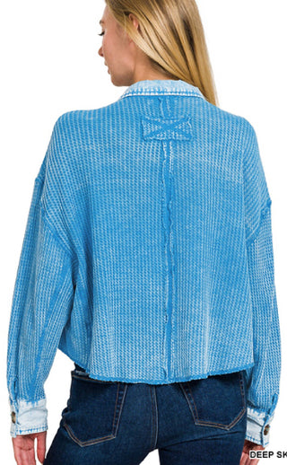 Zenana - Acid Wash Waffle Knit Crop Shacket