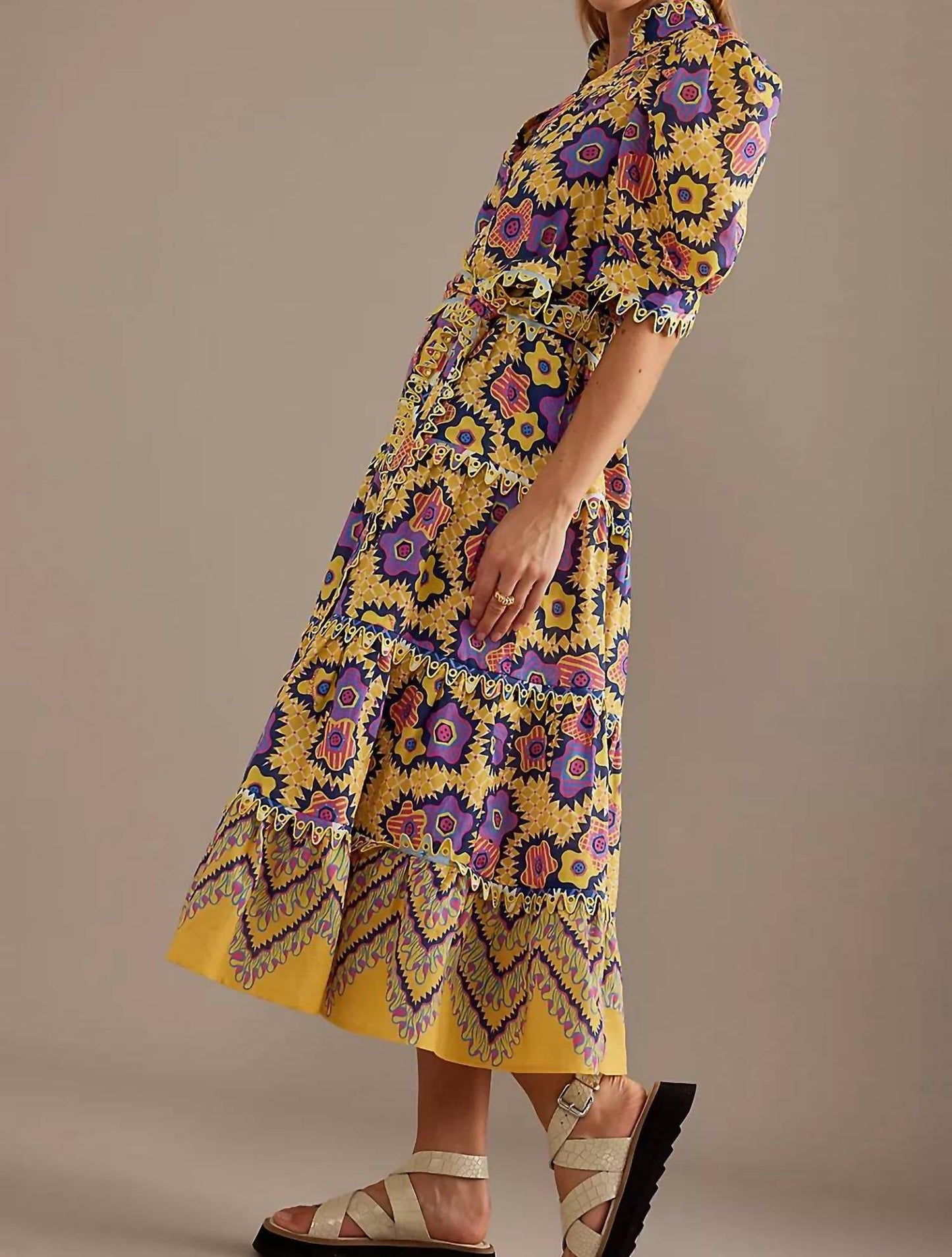 Celia B - Linen Puff-sleeve Midi Dress