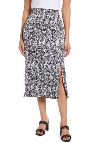 Halogen Printed Slit Hem Midi Skirt - Black & White
