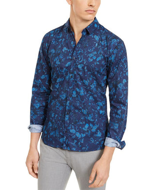 Hugo Boss Men's Button Front Extra Slim Fit Floral Shirt Blue Size XX-Large