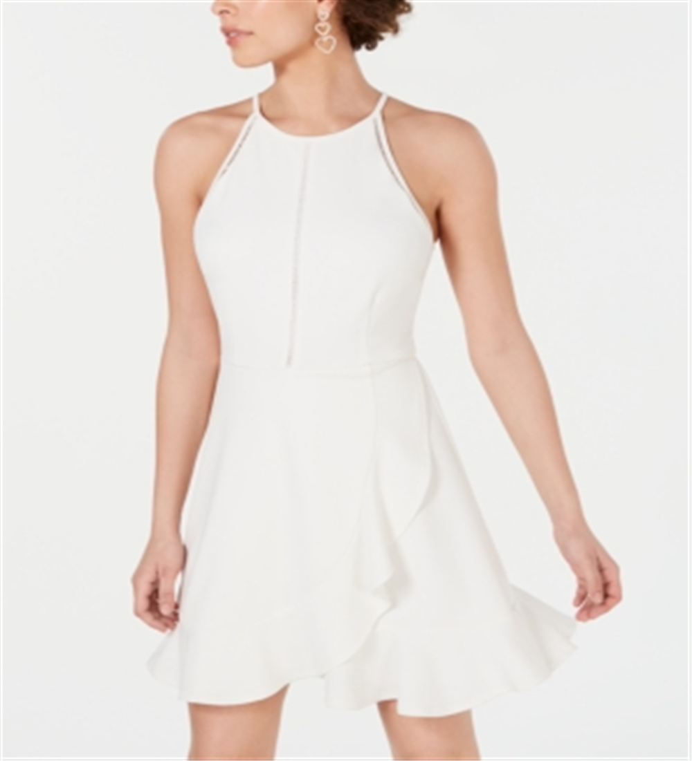 Speechless Women's Stretch Zippered Ruffled Sleeveless Halter Short Fit Flare Dress White Size X-Large